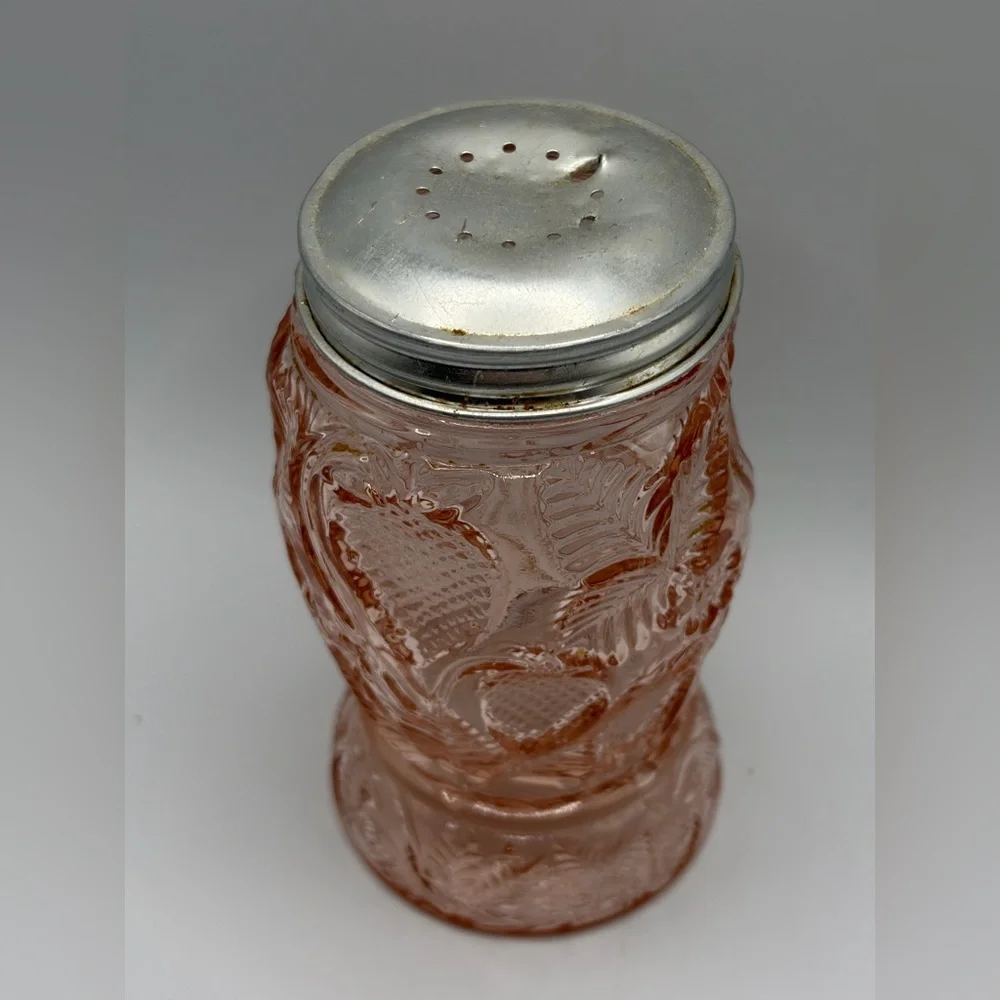 Vintage Pink Strawberry Depression Glass Salt Pepper Sugar Seasoning Shaker, Lid